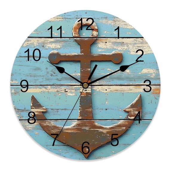 Silent Wall Clocks Battery Operated, Retro Nautical Round Decorative Wall Clock for Living Room Bedroom Kitchen Bathroom Classroom Decor, 12 Inch Anchor Wood Texture Brown Turquoise