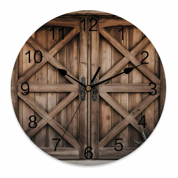 Silent Wall Clocks Battery Operated, Rustic Farmhouse Round Decorative Wall Clock for Living Room Bedroom Kitchen Bathroom Classroom Decor, 10 Inch Barn Door Countryside Brown
