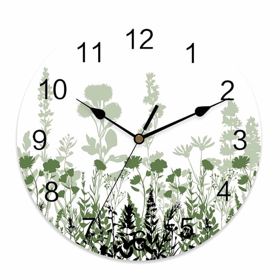 Silent Wall Clocks Battery Operated, Rustic Field Round Decorative Wall Clock for Living Room Bedroom Kitchen Bathroom Classroom Decor, 10 Inch Silhouette Flower Herb Sage Green