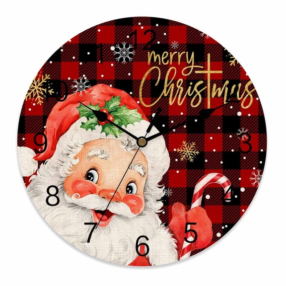 Silent Wall Clocks Battery Operated, Santa Claus Christmas Round Decorative Wall Clock for Living Room Bedroom Kitchen Bathroom Classroom Decor, 12 Inch Merry Xmas Snowflake Red Black Plaid