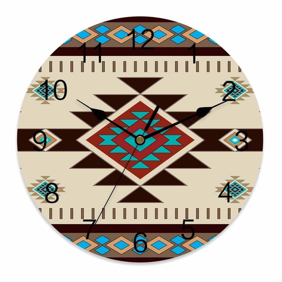 Silent Wall Clocks Battery Operated, Southwest Boho Pattern Round Decorative Wall Clock for Living Room Bedroom Kitchen Bathroom Classroom Decor, 10 Inch Aztec Tribal Texture Brown Blue Green