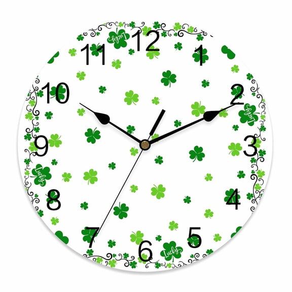 Silent Wall Clocks Battery Operated, St. Patrick's Day Round Decorative Clock for Living Room Bedroom Kitchen Bathroom Classroom Decor, 14 Inch Green Shamrock Irish Clover Seasonal Spring Holiday