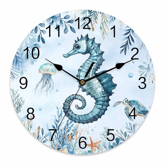 Silent Wall Clocks Battery Operated, Summer Ocean Round Decorative Wall Clock for Living Room Bedroom Kitchen Bathroom Classroom Decor, 12 Inch Coastal Seahorse Coral Pattern Turquoise