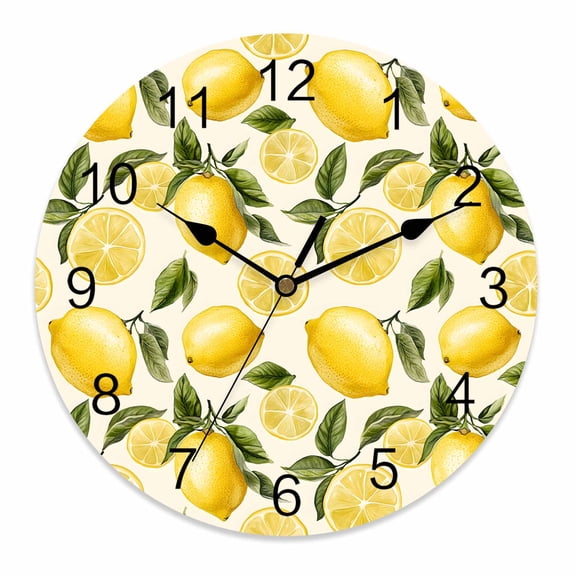 Silent Wall Clocks Battery Operated, Summer Yellow Lemons Round Decorative Wall Clock for Living Room Bedroom Kitchen Bathroom Classroom Decor, 10 Inch Watercolor Green Floral Leaves
