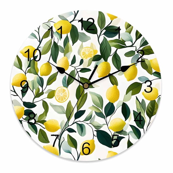 Silent Wall Clocks Battery Operated, Summer Yellow Lemons Round Decorative Wall Clock for Living Room Bedroom Kitchen Bathroom Classroom Decor, 12 Inch Green Leaves Tropical Print