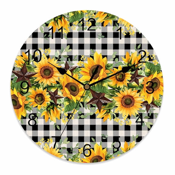 Silent Wall Clocks Battery Operated, Sunflower Round Decorative Wall Clock for Living Room Bedroom Kitchen Bathroom Classroom Decor, 10 Inch Rustic Farmhouse Barn Star Black Buffalo Plaid