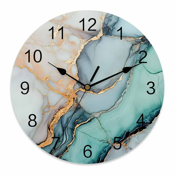 Silent Wall Clocks Battery Operated, Teal Blue Marble Texture Round Decorative Wall Clock for Living Room Bedroom Kitchen Bathroom Classroom Decor, 12 Inch Abstract Modern Gold Lines