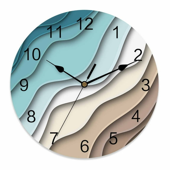 Silent Wall Clocks Battery Operated, Teal Brown Beach Coastal Round Decorative Wall Clock for Living Room Bedroom Kitchen Bathroom Classroom Decor, 12 Inch Abstract Geometric Ocean Waves
