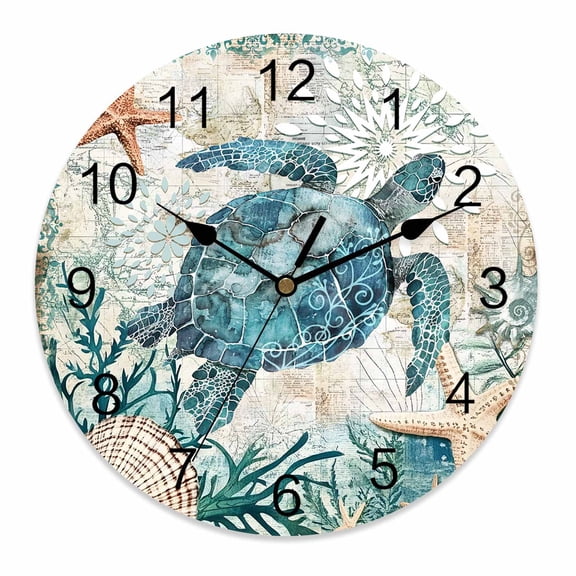 Silent Wall Clocks Battery Operated, Teal Coastal Sea Turtle Round Decorative Wall Clock for Living Room Bedroom Kitchen Bathroom Classroom Decor, 10 Inch Ocean Starfish Shell Nautical Map