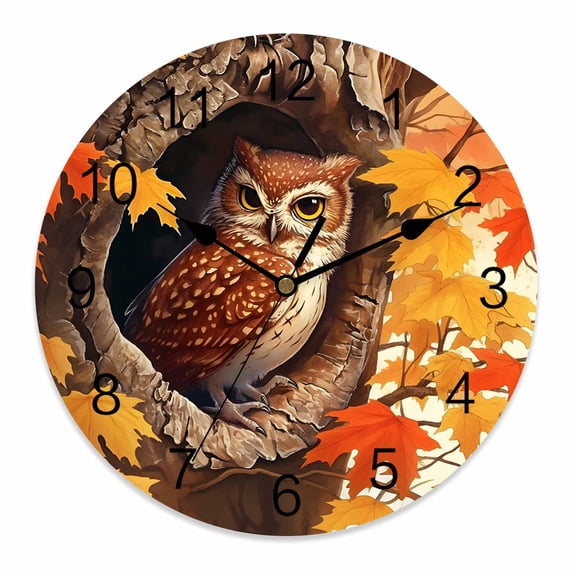 Silent Wall Clocks Battery Operated, Thanksgiving Autumn Round Decorative Wall Clock for Living Room Bedroom Kitchen Bathroom Classroom Decor, 10 Inch Red Maple Leaves Owl Fire Orange