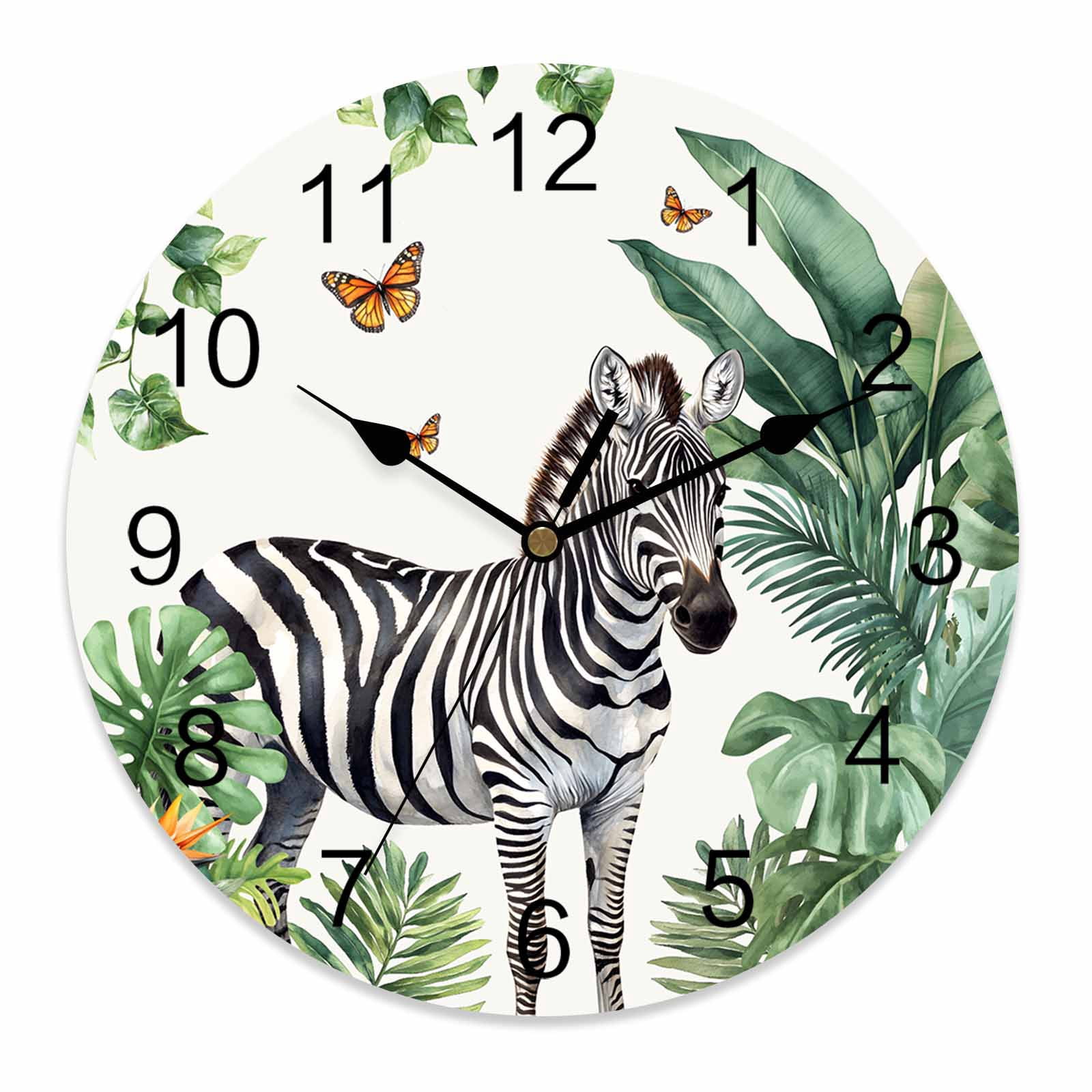 Zebra Clock Silent Wall Clocks Battery Operated, Tropical Botanical Round ...