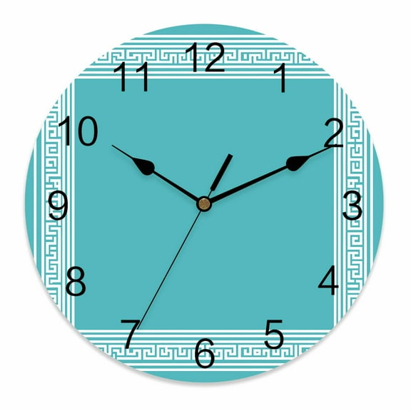 Silent Wall Clocks Battery Operated, Turquoise White Greek Key Pattern Round Decorative Wall Clock for Living Room Bedroom Kitchen Bathroom Classroom Decor, 12 Inch Geometric Modern