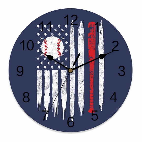 Silent Wall Clocks Battery Operated, U.S. Flag Baseball Round Decorative Wall Clock for Living Room Bedroom Kitchen Bathroom Classroom Decor, 12 Inch Navy Blue