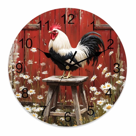 Silent Wall Clocks Battery Operated, Vintage Farmhouse Round Decorative Wall Clock for Living Room Bedroom Kitchen Bathroom Classroom Decor, 10 Inch Rooster Red Barn Daisies Red