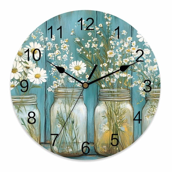 Silent Wall Clocks Battery Operated, Vintage Oil Painting Art Round Decorative Wall Clock for Living Room Bedroom Kitchen Bathroom Classroom Decor, 14 Inch Daisy Bottle Jar Blue White