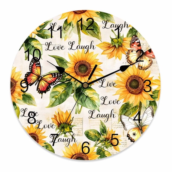 Silent Wall Clocks Battery Operated, Vintage Sunflower Round Decorative Wall Clock for Living Room Bedroom Kitchen Bathroom Classroom Decor, 12 Inch Inspirational Quotes Live Love Laugh