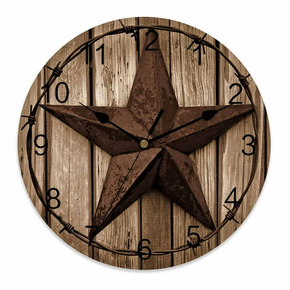 Silent Wall Clocks Battery Operated, Vintage Western Stars Round Decorative Wall Clock for Living Room Bedroom Kitchen Bathroom Classroom Decor, 12 Inch Brown Farmhouse Wood Texture