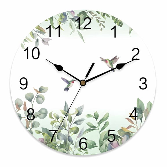 Silent Wall Clocks Battery Operated, Watercolor Hummingbird Leaf Round Decorative Wall Clock for Living Room Bedroom Kitchen Bathroom Classroom Decor, 12 Inch Green White