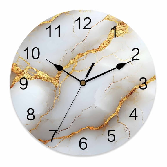 Silent Wall Clocks Battery Operated, White Abstract Marble Texture Round Decorative Wall Clock for Living Room Bedroom Kitchen Bathroom Classroom Decor, 10 Inch Gold Lines
