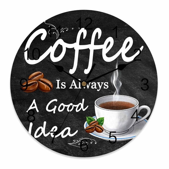 Silent Wall Clocks Battery Operated, White Coffee Quotes Round Decorative Wall Clock for Living Room Bedroom Kitchen Bathroom Classroom Decor, 12 Inch Coffee Cup Beans Lettering