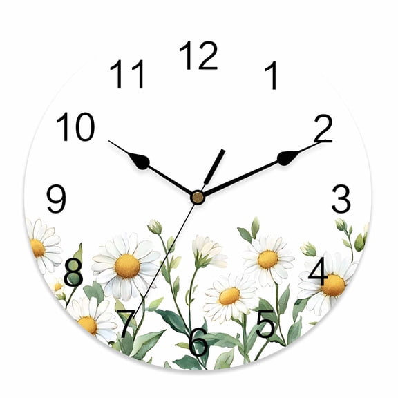 Silent Wall Clocks Battery Operated, White Daisy Flower Round Decorative Wall Clock for Living Room Bedroom Kitchen Bathroom Classroom Decor, 10 Inch Watercolor Wildflower
