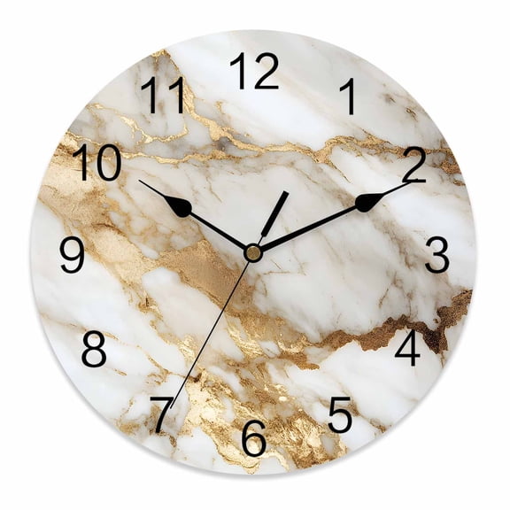 Silent Wall Clocks Battery Operated, White Gold Marble Textured Round Decorative Wall Clock for Living Room Bedroom Kitchen Bathroom Classroom Decor, 10 Inch Abstract Modern Art