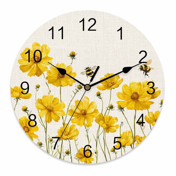 Silent Wall Clocks Battery Operated, Yellow Flower Bees Round Decorative Wall Clock for Living Room Bedroom Kitchen Bathroom Classroom Decor, 14 Inch Rustic Country Floral Farmhouse Beige