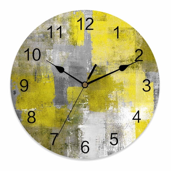 Silent Wall Clocks Battery Operated, Yellow Gray Graffiti Block Round Decorative Wall Clock for Living Room Bedroom Kitchen Bathroom Classroom Decor, 10 Inch Modern Abstract Texture Art
