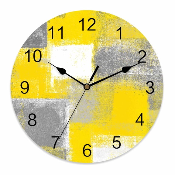 Silent Wall Clocks Battery Operated, Yellow Grey Abstract Paint Round Decorative Wall Clock for Living Room Bedroom Kitchen Bathroom Classroom Decor, 14 Inch Modern Rustic Graffiti