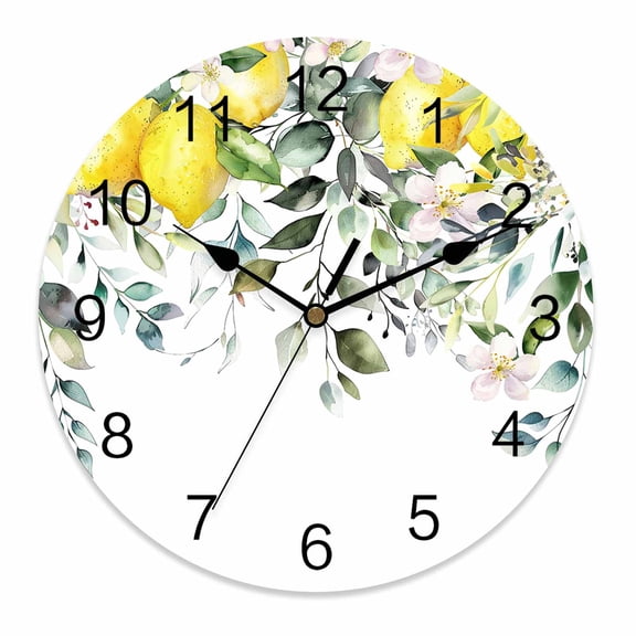 Silent Wall Clocks Battery Operated, Yellow Rustic Lemon Round Decorative Wall Clock for Living Room Bedroom Kitchen Bathroom Classroom Decor, 12 Inch Watercolor Floral Green Leaf White