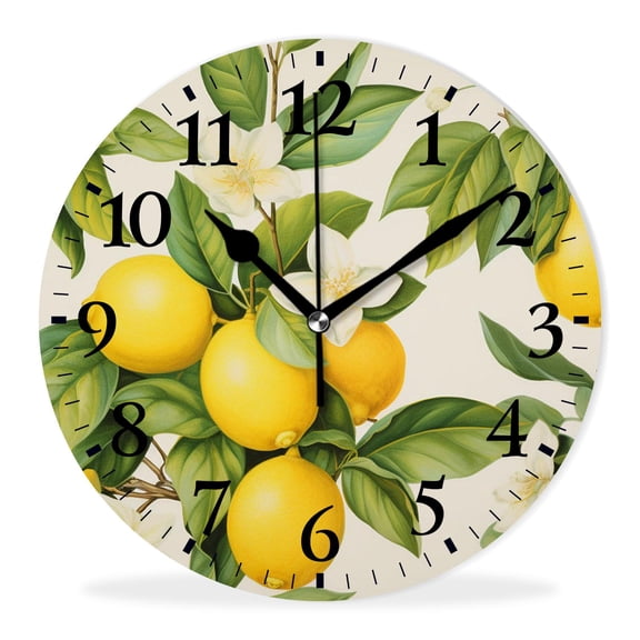 Silent Wall Clocks Non-Ticking Battery Operated Clock Modern Decor Wall Clocks for Bedroom-Lemons with Green Leaves and Flowers(10inch)