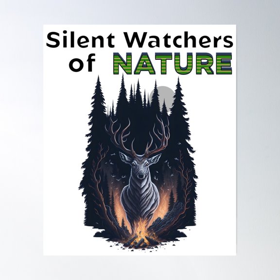 Silent Watchers Of Nature - Bonefire - Forest Deer Poster Wall Art, Modern Wall Decor, 8x12 UNFRAMED