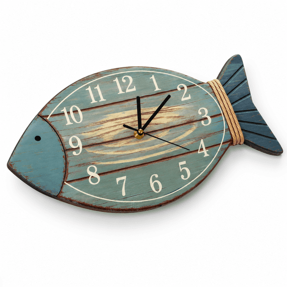 Silent Wooden Fish Shaped Wall Clock, Nautical Beach Home Decor