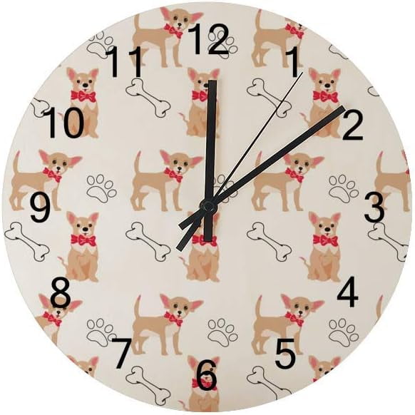 Silent Wooden Round Wall Clock Cute Dogs and Bones Paws Non Ticking