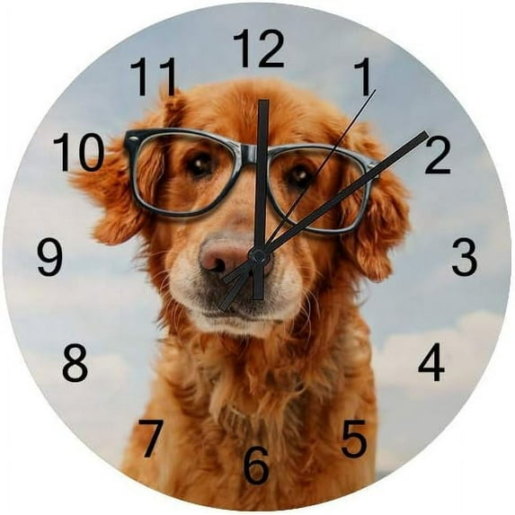 SKYSONIC Silent Wooden Round Wall Clock Golden Retriever Wear Glasses Non Ticking Battery Operated Clocks for Home Office Living Room Bedroom