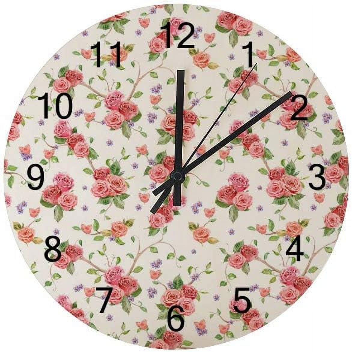 Silent Wooden Round Wall Clock Roses and Butterflies Non Ticking ...