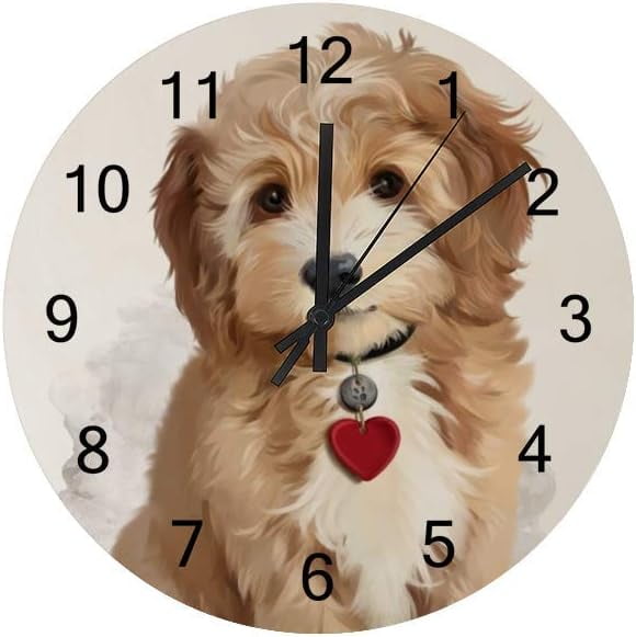 Silent Wooden Round Wall Clock Shaggy Yellow Puppy Watercolor Painting