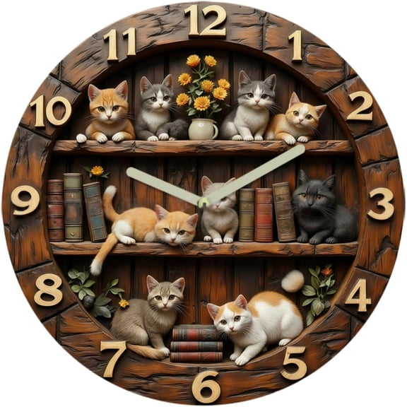 Silent Wooden Wall Clock, Cat Theme