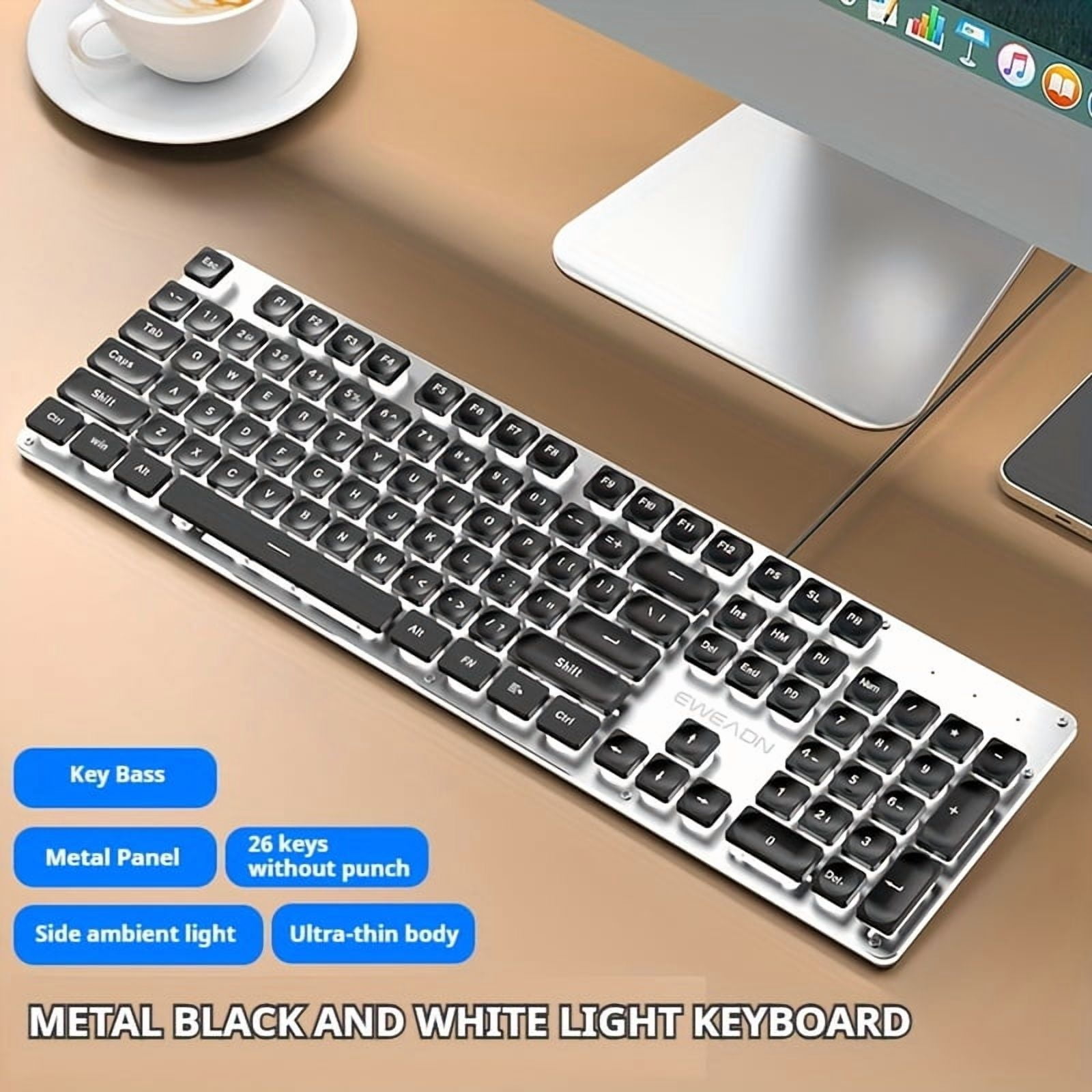 Silent wired gaming keyboard, LED backlit full-size ergonomic office keyboard, slim and quiet design, suitable for work and study, compatible with Windows laptops, ideal for offices, schools, dormito