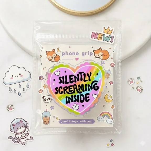 Silently Screaming Inside Phone Grip, Cute Heart Shaped Kawaii for Teens and Fun Gift Idea Phone Holder, E-Reader Grip Accessory