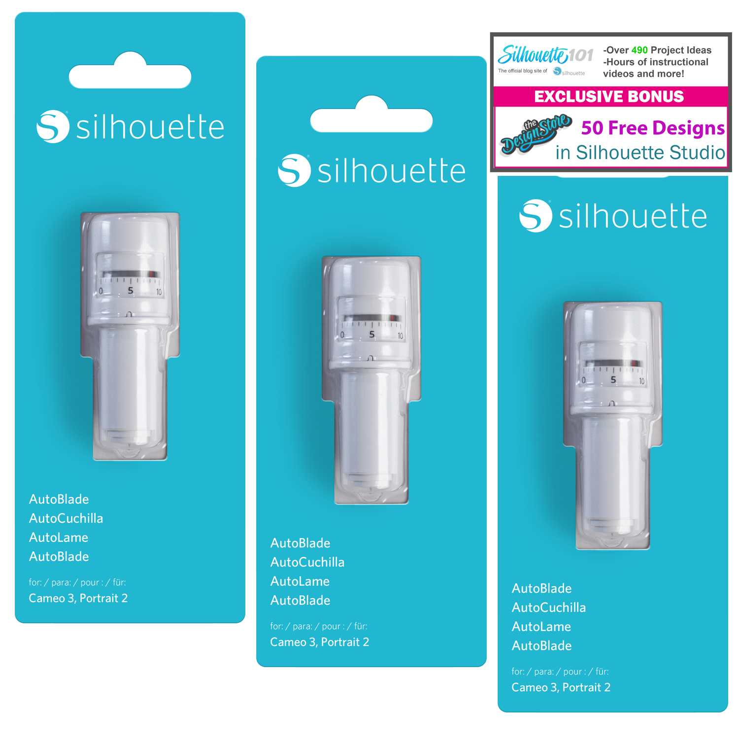 Silhouette Autoblade 3 Pack Replacement Blades for Cameo 3 and Portrait 2-  50 Free Designs 