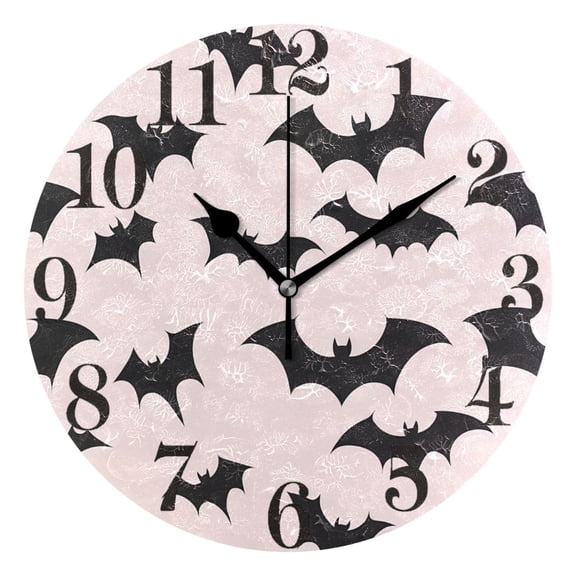 Silhouette Bats Round Wall Clock Battery Operated Silent Non-Ticking Bedroom Office Kitchen Home School Decor 10"(Black)