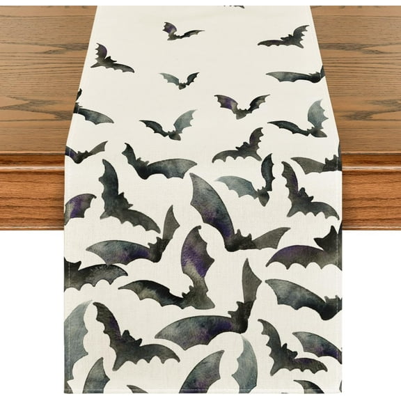 Silhouette Black Bats Halloween Table Runner, Fall Kitchen Dining Table Decoration for Home Party Decor 13x72 Inch
