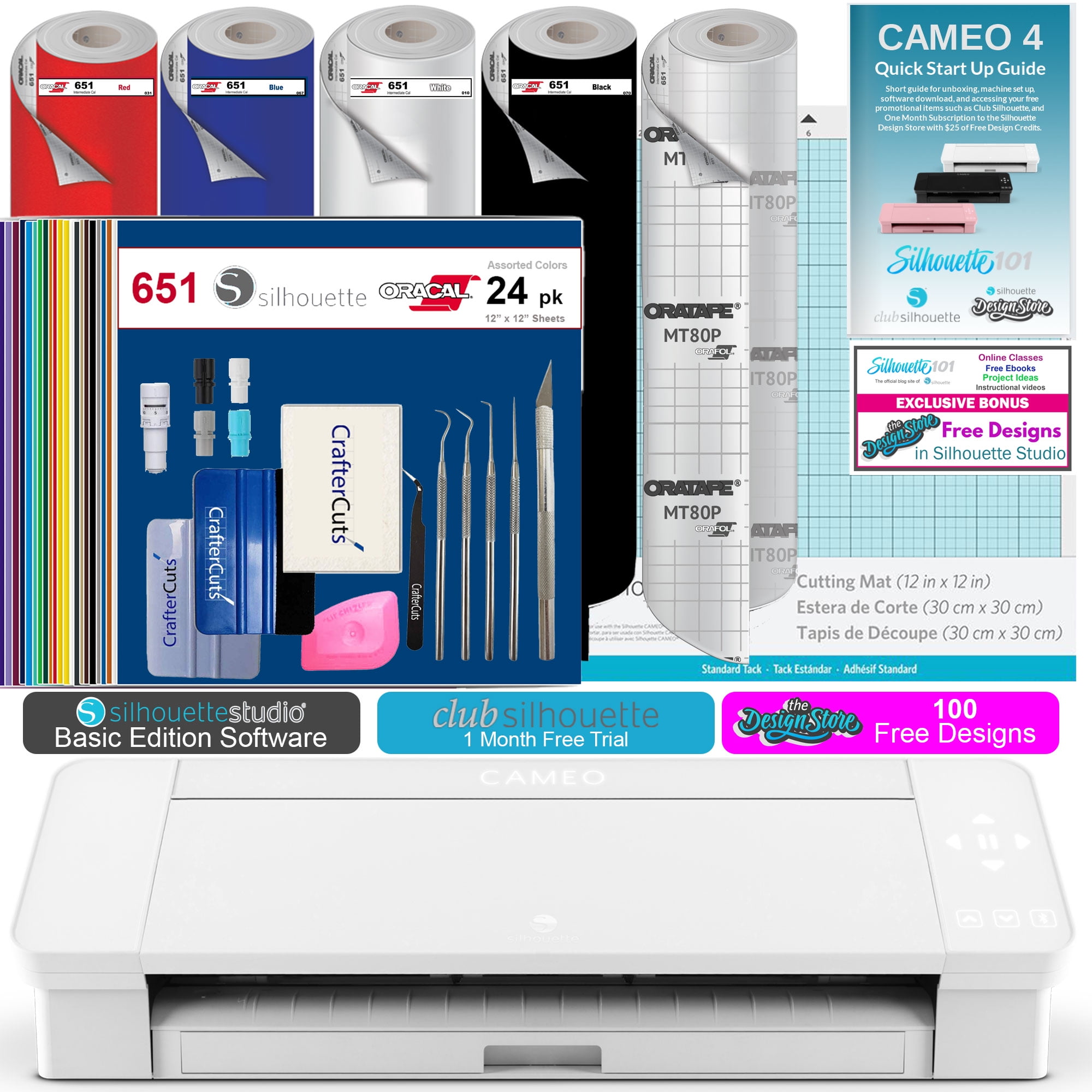 Silhouette Cameo 4 White Bundle - 4 Rolls of Vinyl, 8 Sheets Printable Vinyl, Vinyl Kit, 24 Pack ...