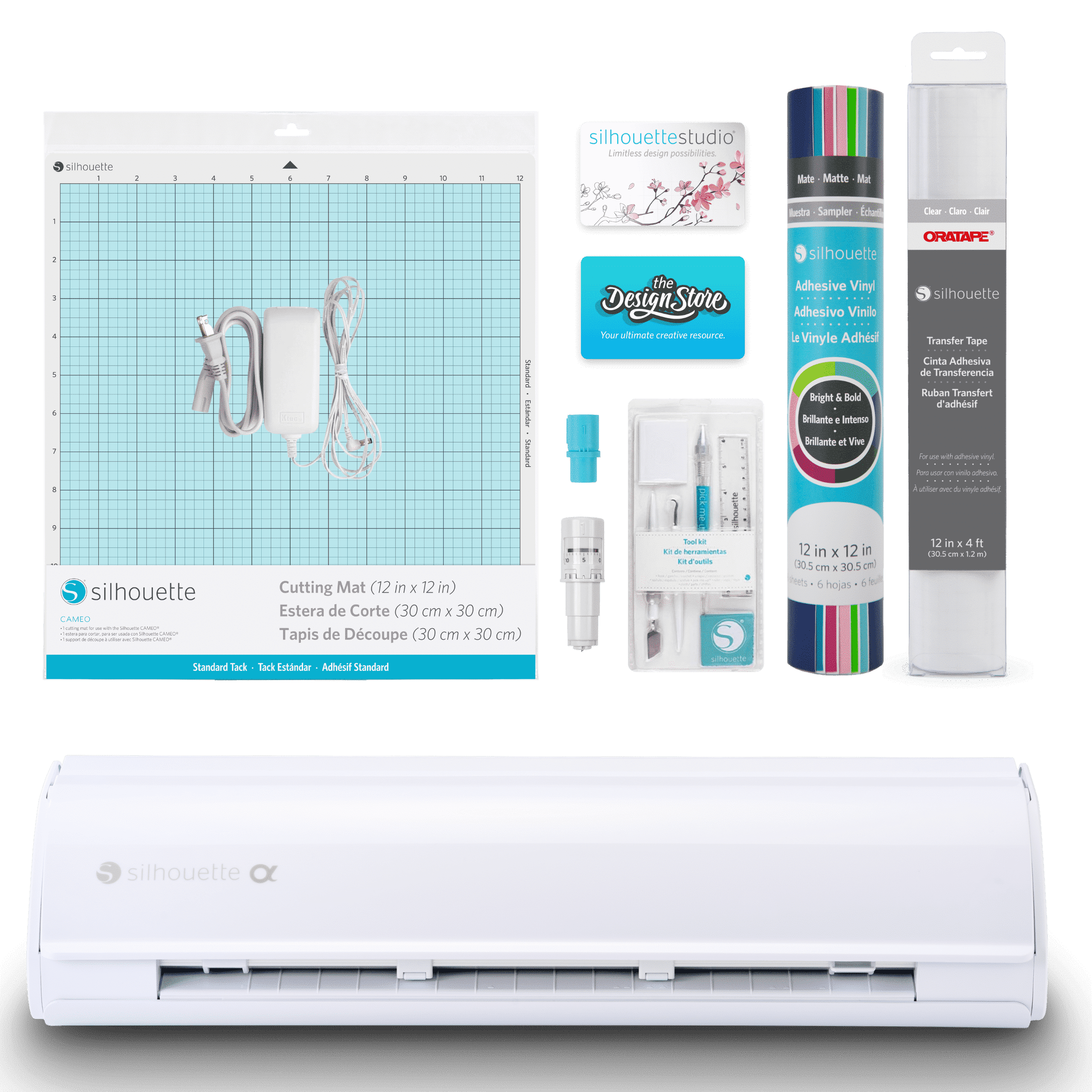 Silhouette Cameo 5α (Alpha) Cutting Machine (Classic White) Basic Bundle with Vinyl, Transfer Tape, Tools, Cutting Mat, Designs & Software