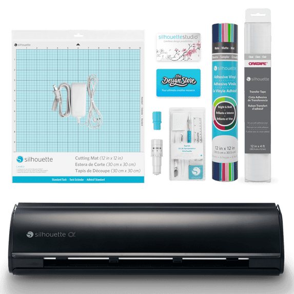Silhouette Cameo 5α (Alpha) Cutting Machine (Matte Black) Basic Bundle with Vinyl, Transfer Tape, Tools, Cutting Mat, Designs & Software