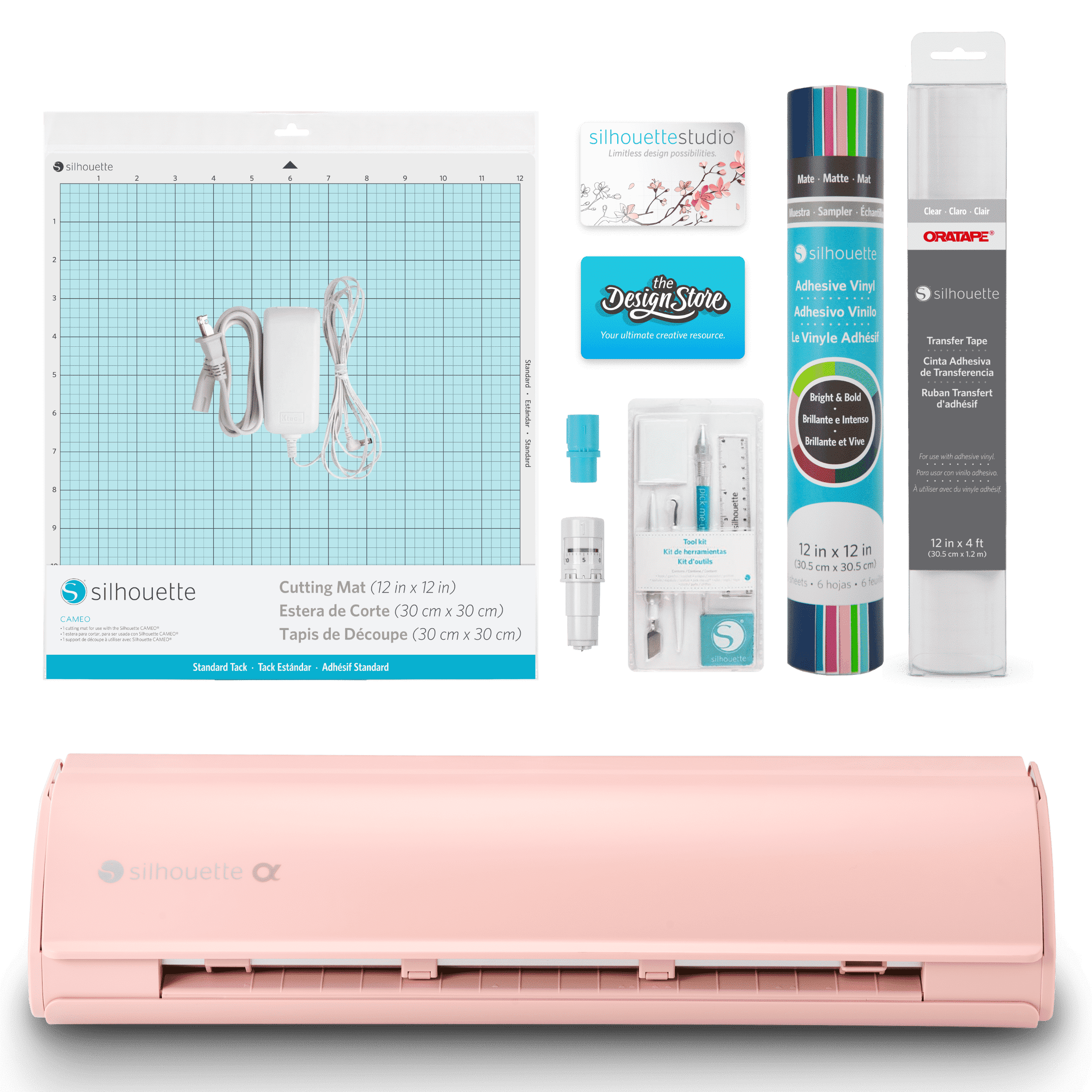 Silhouette Cameo 5α (Alpha) Cutting Machine (Matte Pink) Basic Bundle with Vinyl, Transfer Tape, Tools, Cutting Mat, Designs & Software