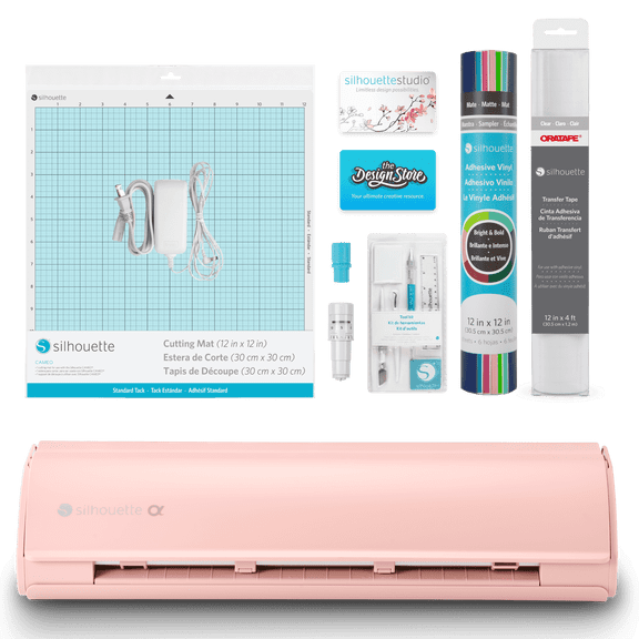 Silhouette Cameo 5α (Alpha) Cutting Machine (Matte Pink) Basic Bundle with Vinyl, Transfer Tape, Tools, Cutting Mat, Designs & Software