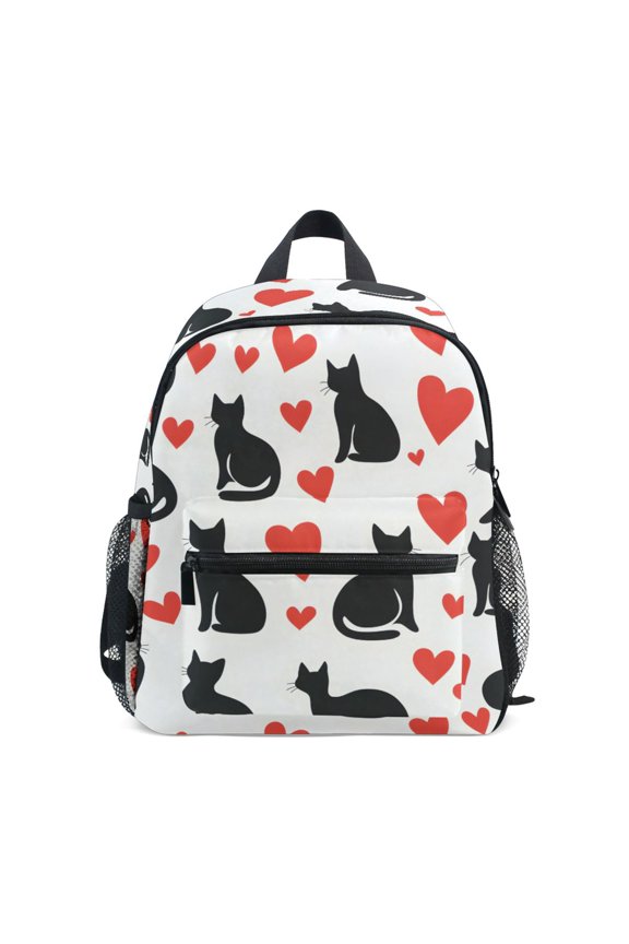 Silhouette Cats Hearts Pattern Mini Backpack Cute Small Backpack with Chest Strap and Whistle Ages 3-8