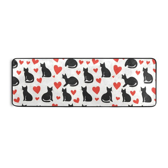 Silhouette Cats Hearts Pattern Runner Rug 24x72 Inch Cushioned Non Slip Soft Absorbent Floor Mat
